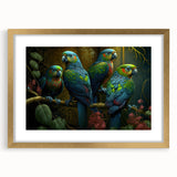 Elegant wall art display featuring a framed collection of colorful parrot designs with a gold mat, perfect for adding a vibrant touch to home decor.