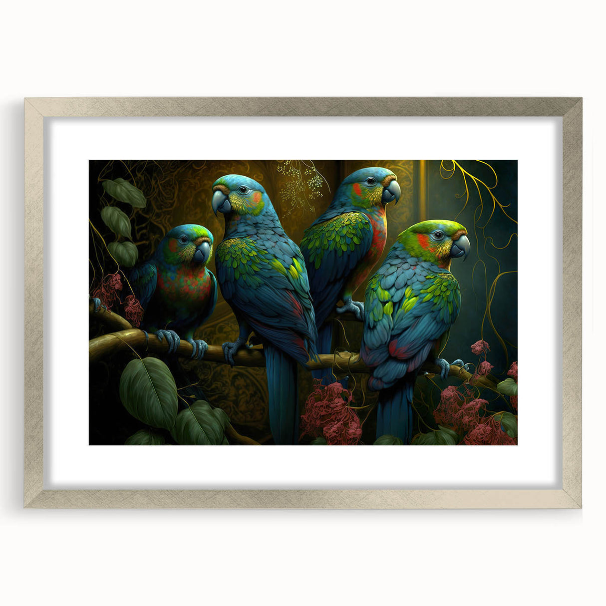Framed wall art collection featuring vibrant parrot illustrations in a silver frame with a mat, ideal for tropical-themed decor or bird enthusiasts.