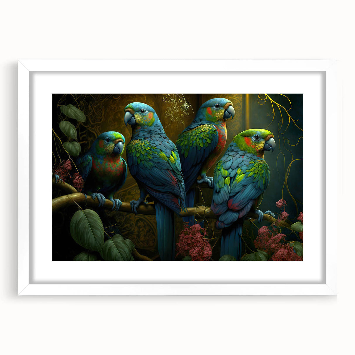 Framed wall art featuring a vibrant collection of parrot designs set against a white background, ideal for adding a splash of color to any room. Perfect for bird lovers and home decor enthusiasts.