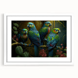 Framed wall art featuring a vibrant collection of parrot designs set against a white background, ideal for adding a splash of color to any room. Perfect for bird lovers and home decor enthusiasts.