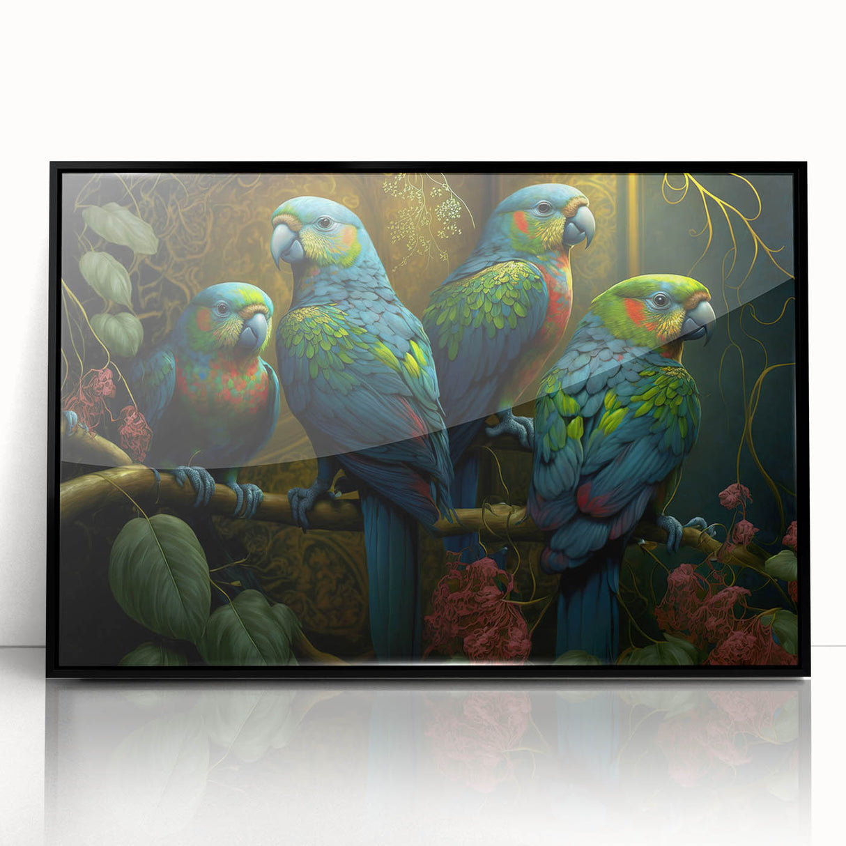 Framed wall art showcasing a vibrant collection of colorful parrots on a black background, ideal for enhancing modern home decor with a tropical touch.