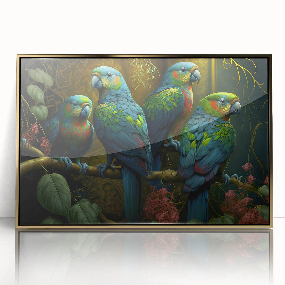 Framed wall art featuring a vibrant design of colorful parrots on a gold-accented background, perfect for adding a tropical aesthetic to home decor.