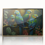 Framed wall art featuring a vibrant design of colorful parrots on a gold-accented background, perfect for adding a tropical aesthetic to home decor.