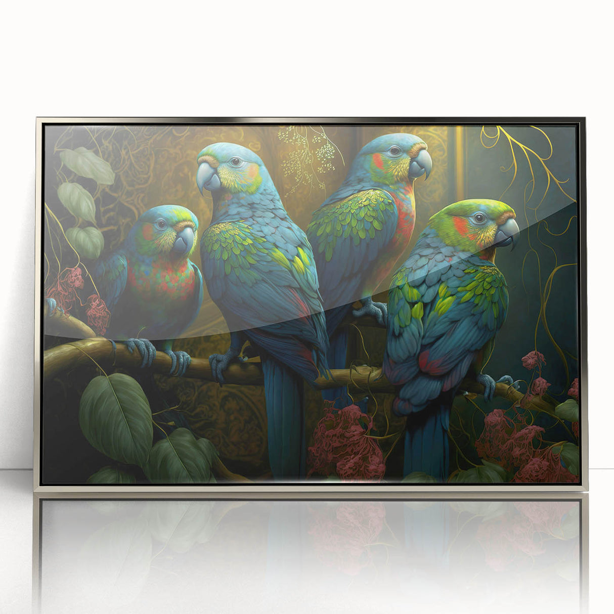 Framed wall art featuring a colorful parrot design on acrylic, with a sleek silver frame, perfect for adding a tropical touch to home decor.