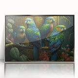 Framed wall art featuring a colorful parrot design on acrylic, with a sleek silver frame, perfect for adding a tropical touch to home decor.