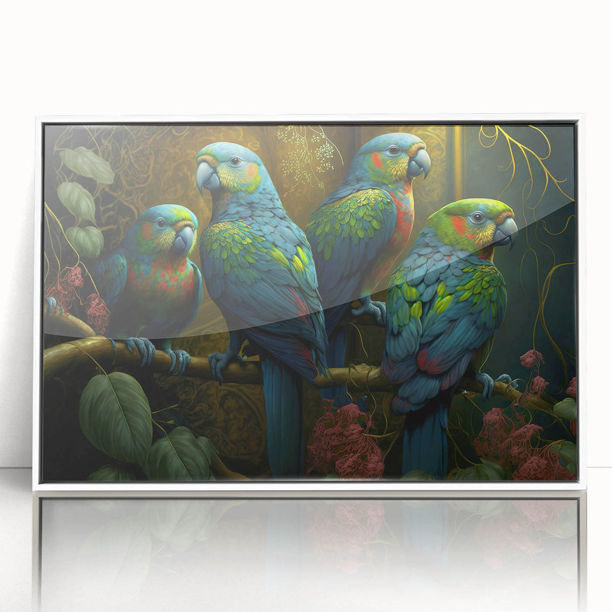Framed acrylic wall art featuring a vibrant parrot design in a white frame, perfect for adding a tropical touch to home decor. Ideal for bird lovers and nature enthusiasts.