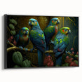 Framed canvas wall art featuring a vibrant design of colorful parrots, set against a sleek black background, ideal for home decor enthusiasts and bird lovers.