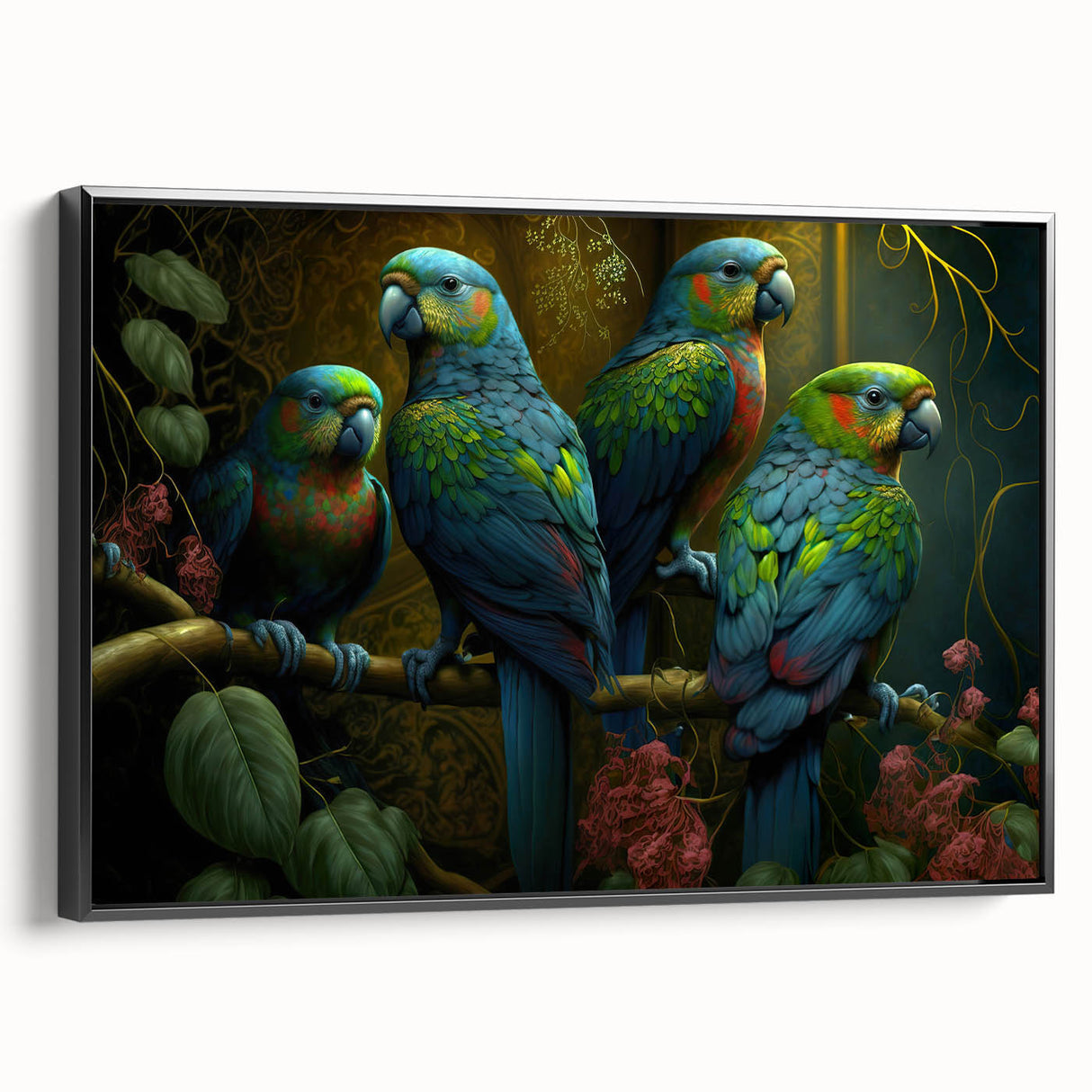 Framed canvas wall art featuring a vibrant design of colorful parrots, set against a sleek black background, ideal for home decor enthusiasts and bird lovers.