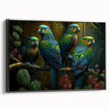 Framed canvas wall art featuring a vibrant design of colorful parrots, set against a sleek black background, ideal for home decor enthusiasts and bird lovers.