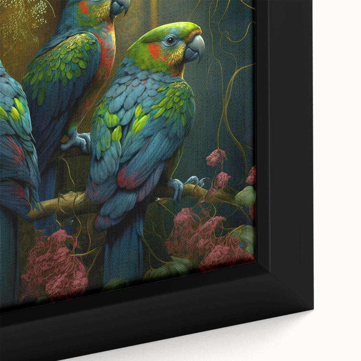 Close-up of a vibrant wall art piece showcasing colorful parrots on a textured canvas, framed elegantly to enhance any interior decor, ideal for bird lovers.