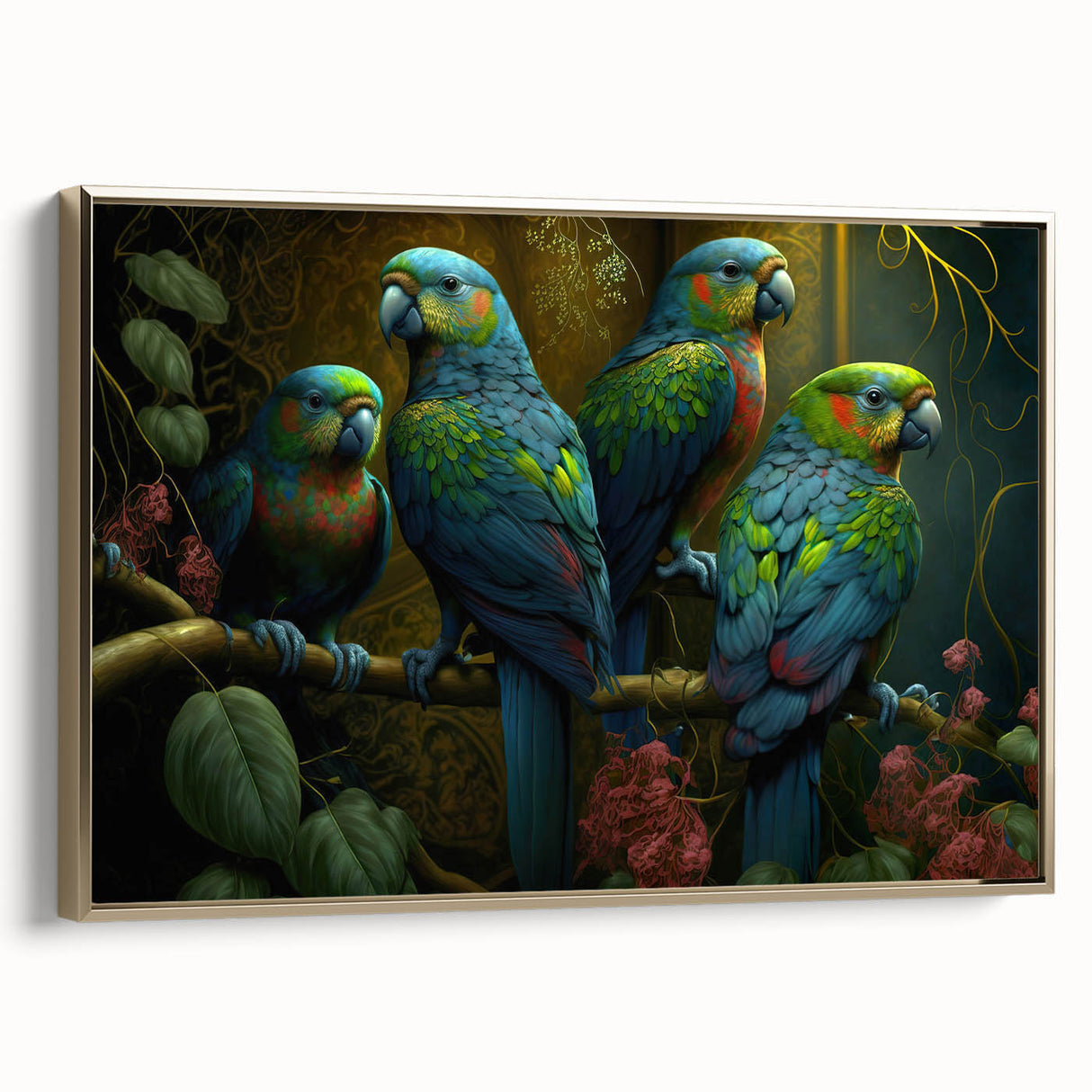 Framed canvas wall art featuring a vibrant design of colorful parrots on a gold background, showcasing a side view for an elegant aesthetic, perfect for home decor.