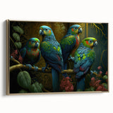 Framed canvas wall art featuring a vibrant design of colorful parrots on a gold background, showcasing a side view for an elegant aesthetic, perfect for home decor.