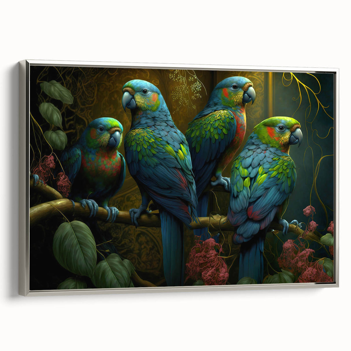 Framed canvas wall art featuring a vibrant design of colorful parrots perched among tropical foliage, with a sleek silver frame enhancing its modern aesthetic.