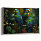 Framed canvas wall art featuring a vibrant design of colorful parrots perched among tropical foliage, with a sleek silver frame enhancing its modern aesthetic.