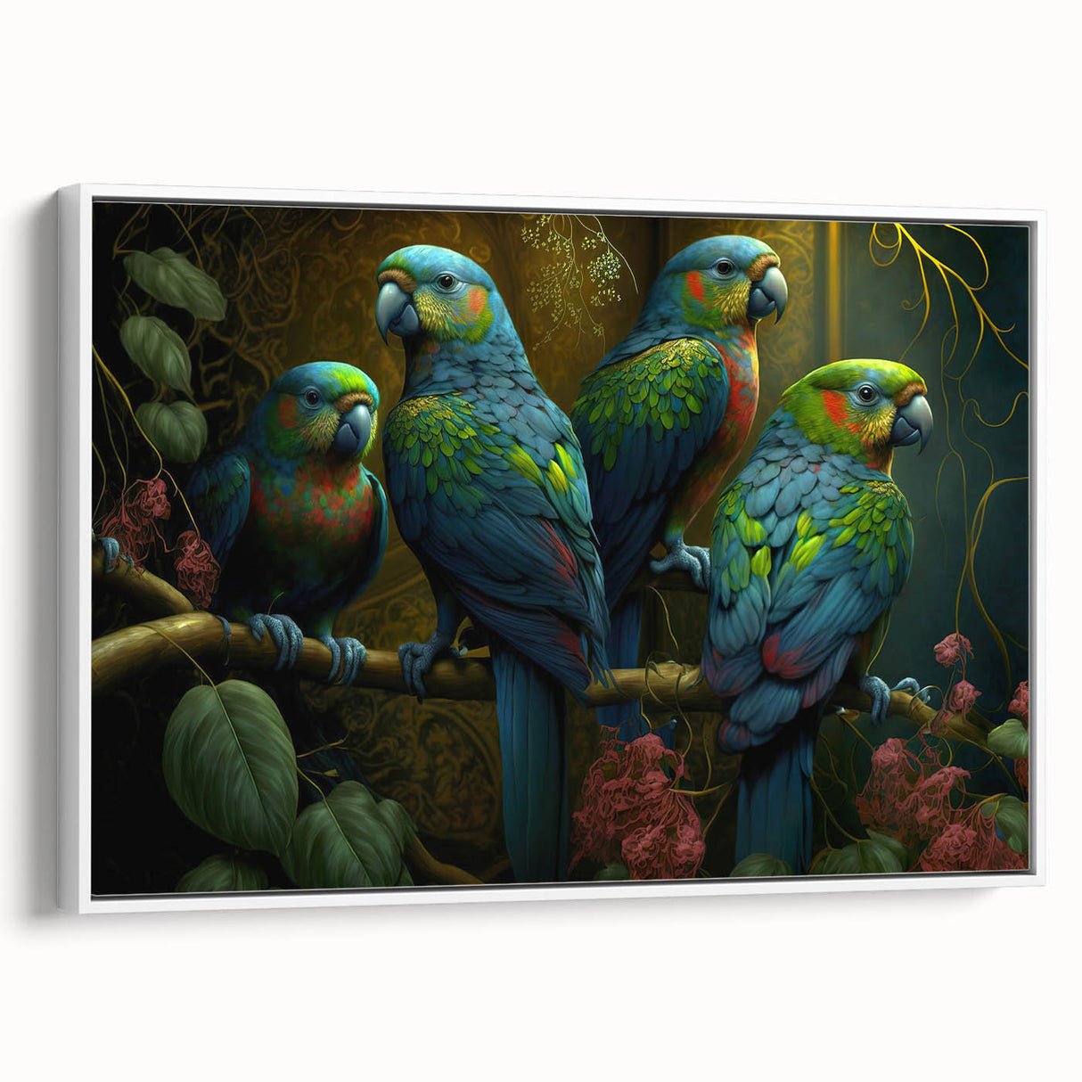 Framed canvas wall art featuring a vibrant design of colorful parrots on a white background, showcasing intricate details and textures ideal for home decor.