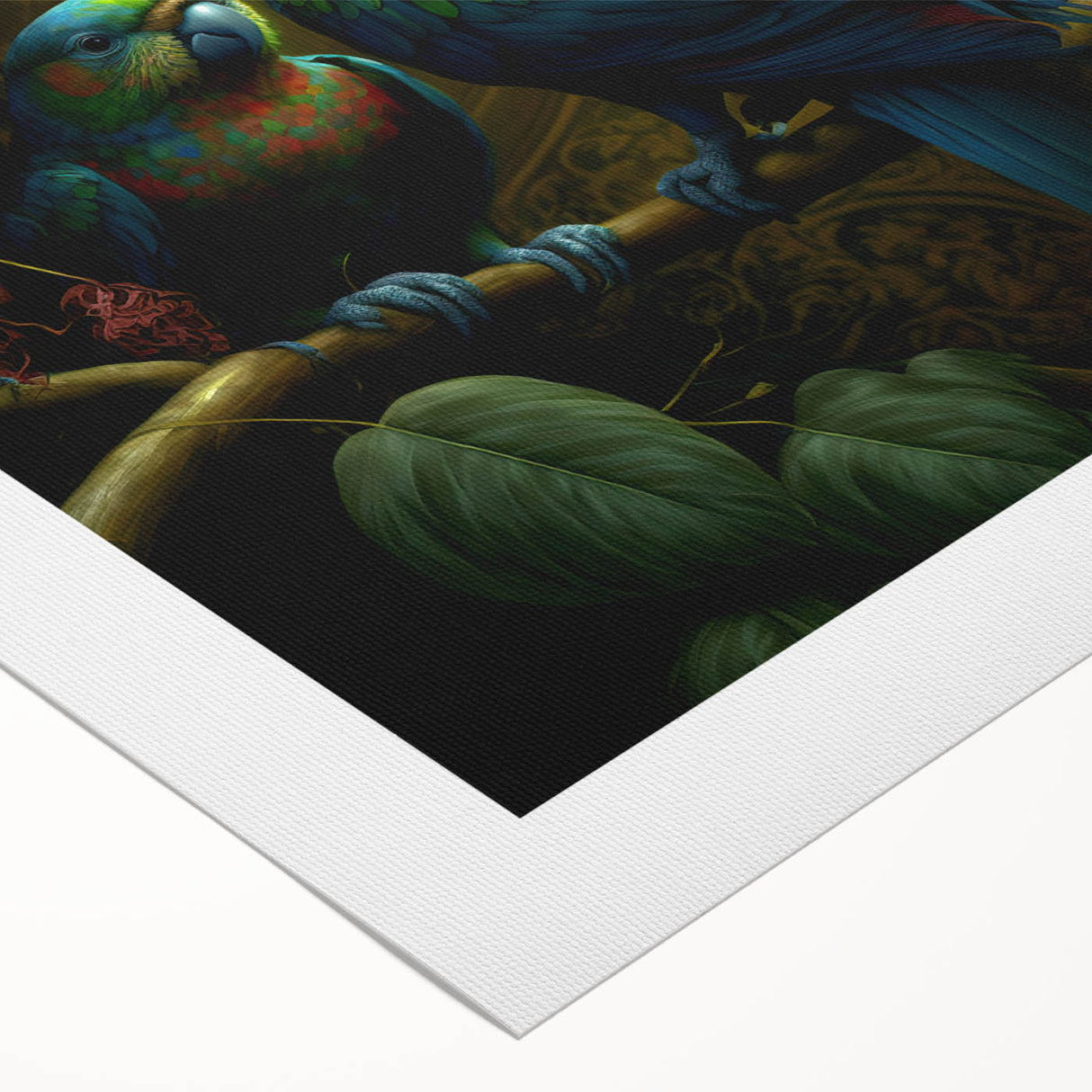 Vibrant rolled canvas artwork showcasing a colorful parrot design, ideal for home decor, featuring intricate details and bold colors, elegantly packaged for delivery.