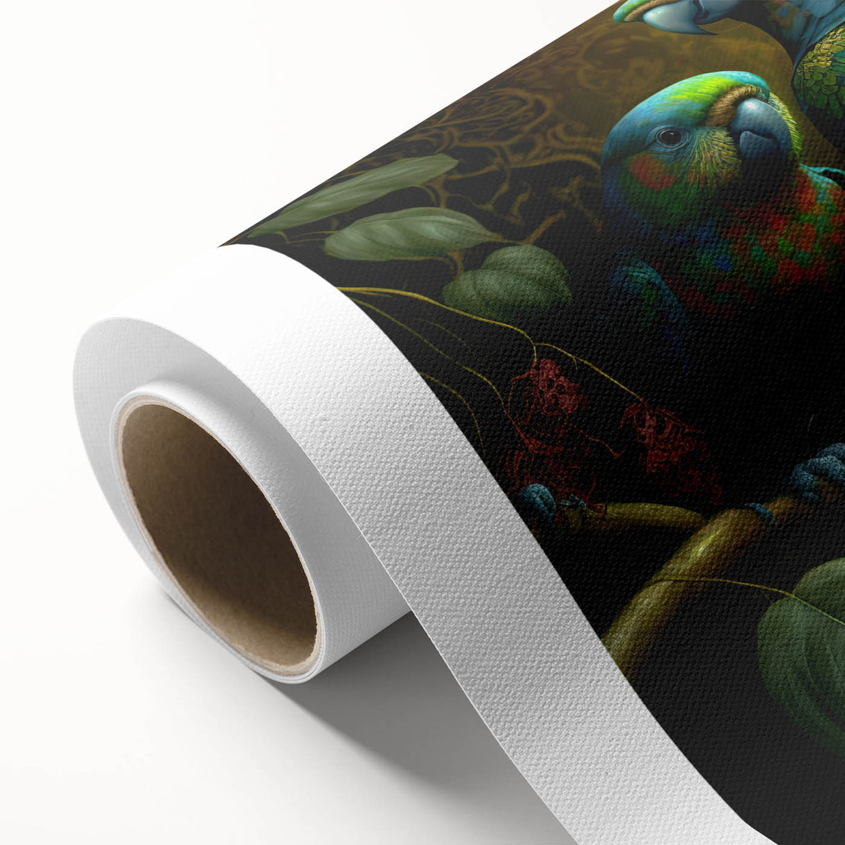 Vibrant rolled canvas showcasing a colorful parrot design for wall art, beautifully detailed with lush tropical foliage, perfect for home or office décor.