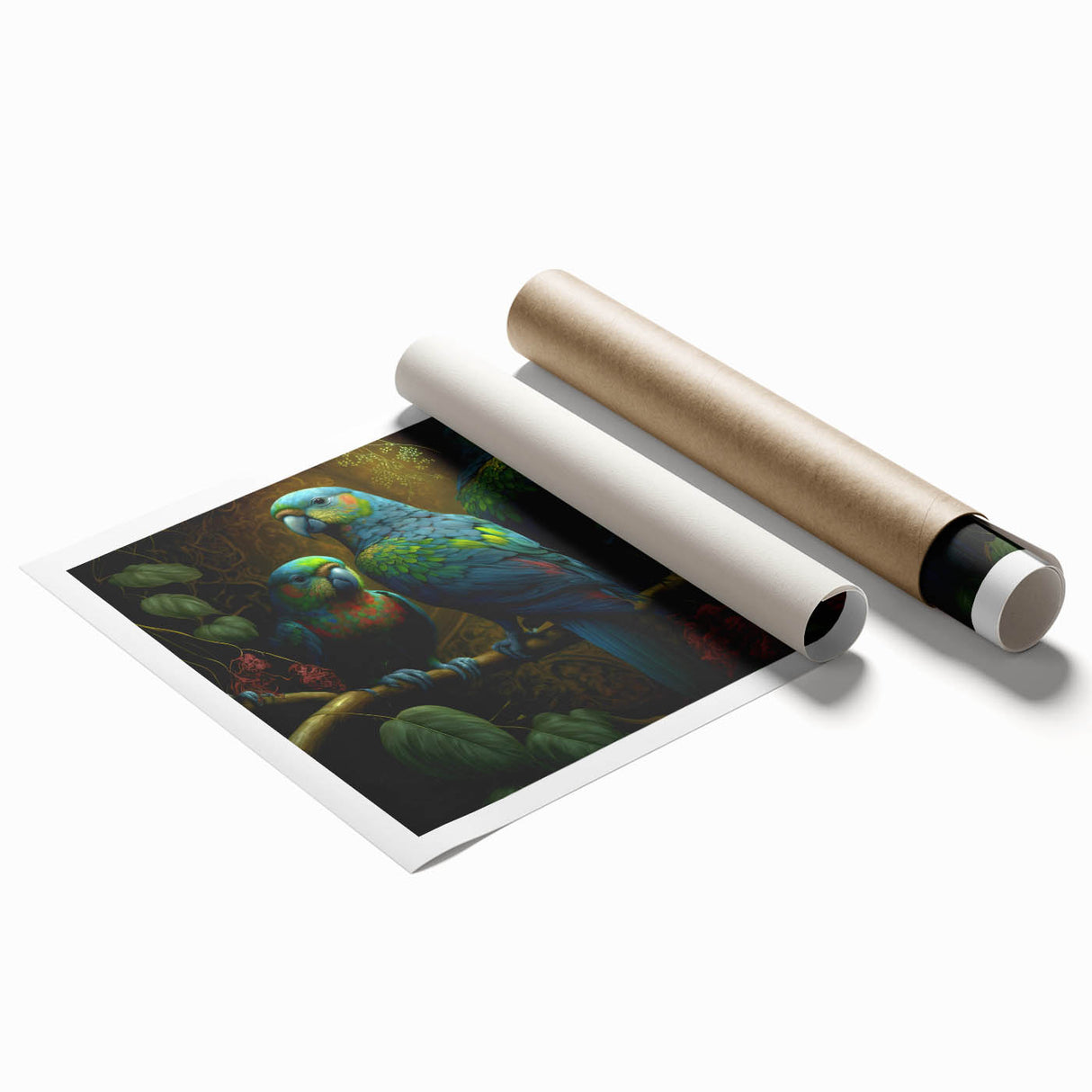 Vibrant wall art print featuring a colorful design of various parrot species perched on branches, ideal for tropical-themed decor, rolled and ready for framing.
