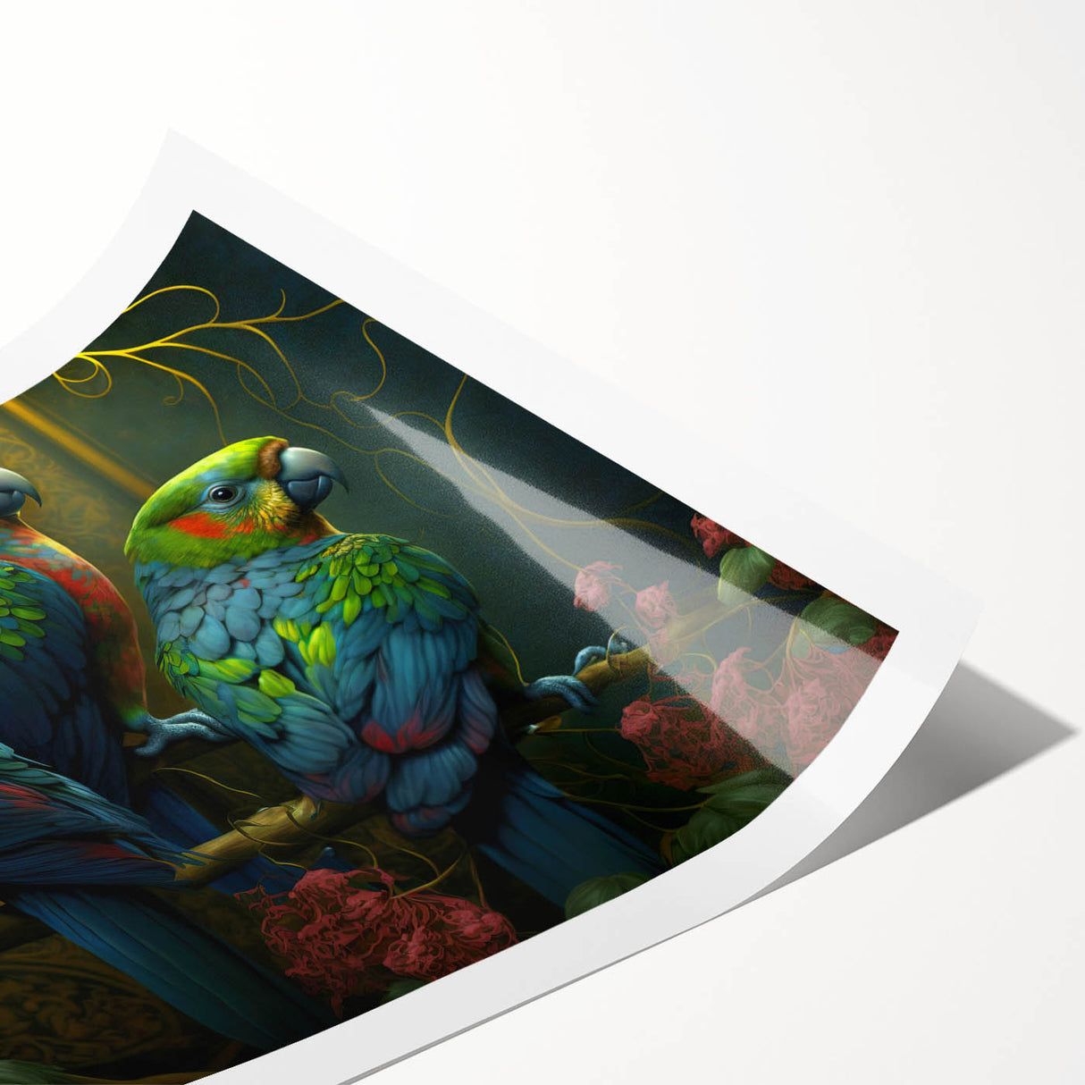 Colorful rolled print showcasing a vibrant collection of parrot designs in a tropical setting, perfect for enhancing home decor with a lively, nature-inspired theme.