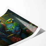 Colorful rolled print showcasing a vibrant collection of parrot designs in a tropical setting, perfect for enhancing home decor with a lively, nature-inspired theme.