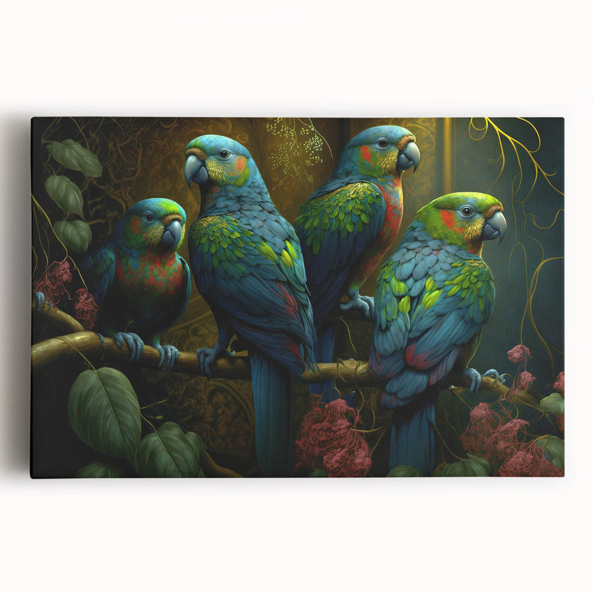 Vibrant stretched canvas wall art featuring colorful parrots perched on branches, ideal for tropical-themed decor, showcasing intricate details and bold colors.