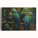 Vibrant stretched canvas wall art featuring colorful parrots perched on branches, ideal for tropical-themed decor, showcasing intricate details and bold colors.