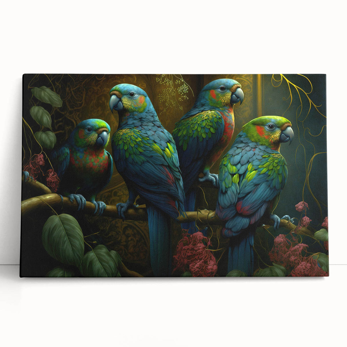 Vibrant stretched canvas wall art featuring colorful parrots in a lush tropical setting, perfect for adding a lively touch to any room's decor.