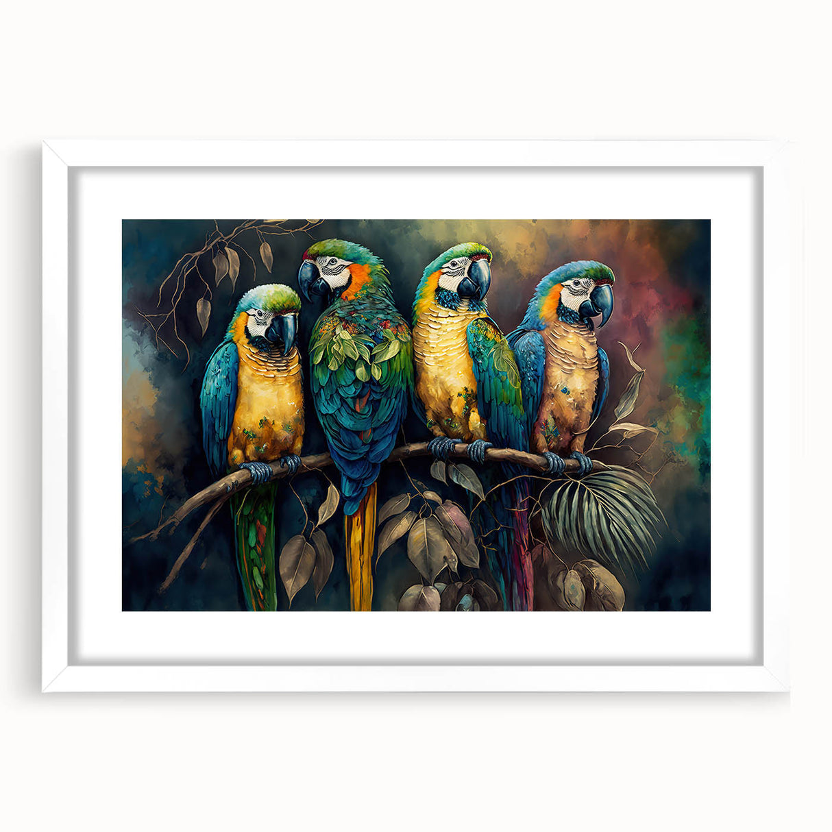 Colorful wall art featuring a framed design of parrots in vibrant hues, displayed against a white mat, perfect for enhancing home decor with a tropical theme.