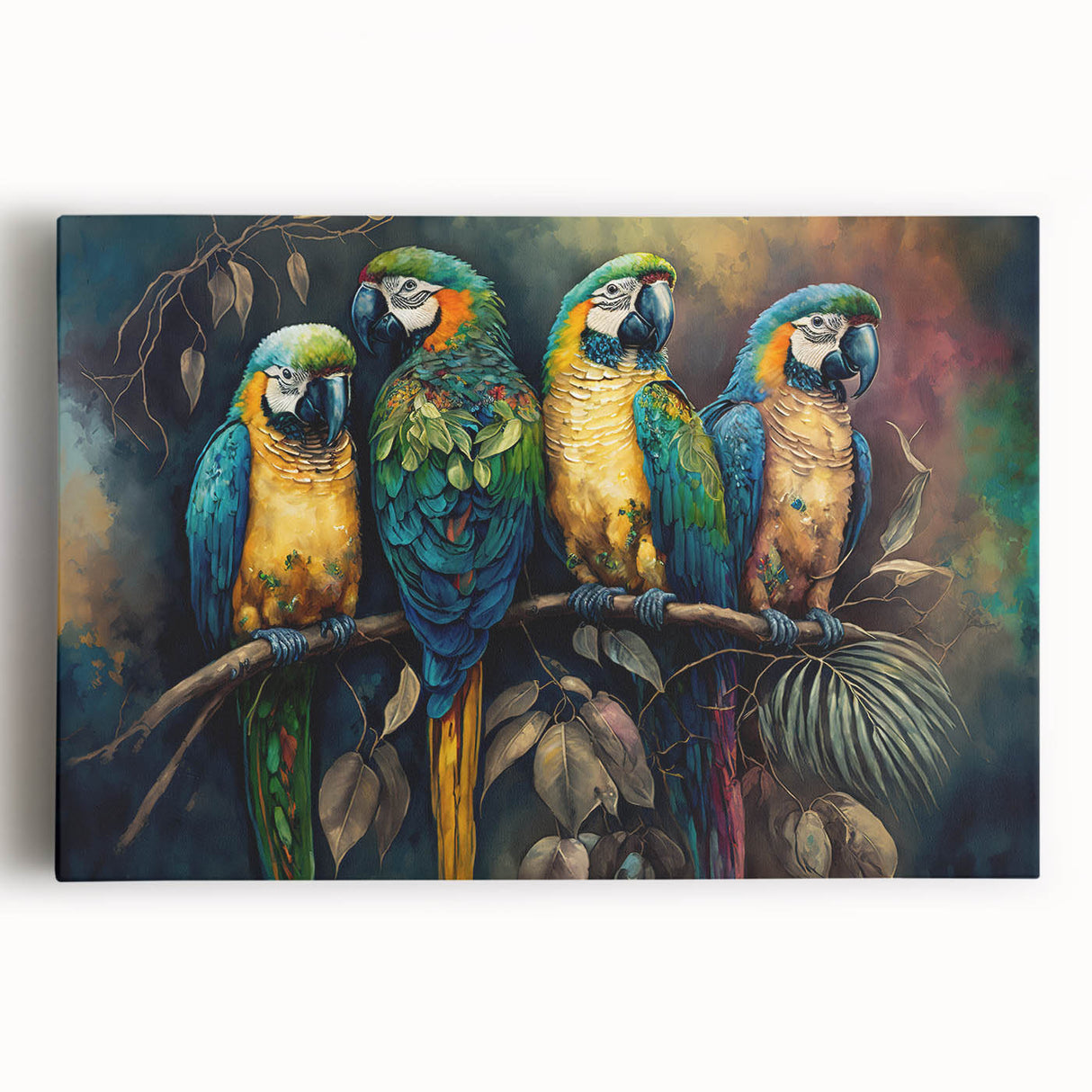 Vibrant wall art featuring colorful parrots in a tropical setting, printed on stretched canvas, ideal for enhancing home decor with nature-inspired aesthetics.