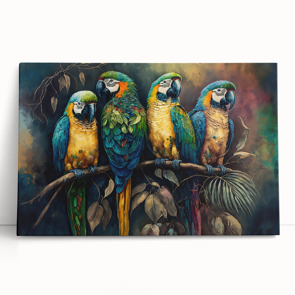 Vibrant stretched canvas wall art showcasing a colorful parrot design, perfect for adding a tropical touch to home decor. Ideal for bird lovers and nature enthusiasts.
