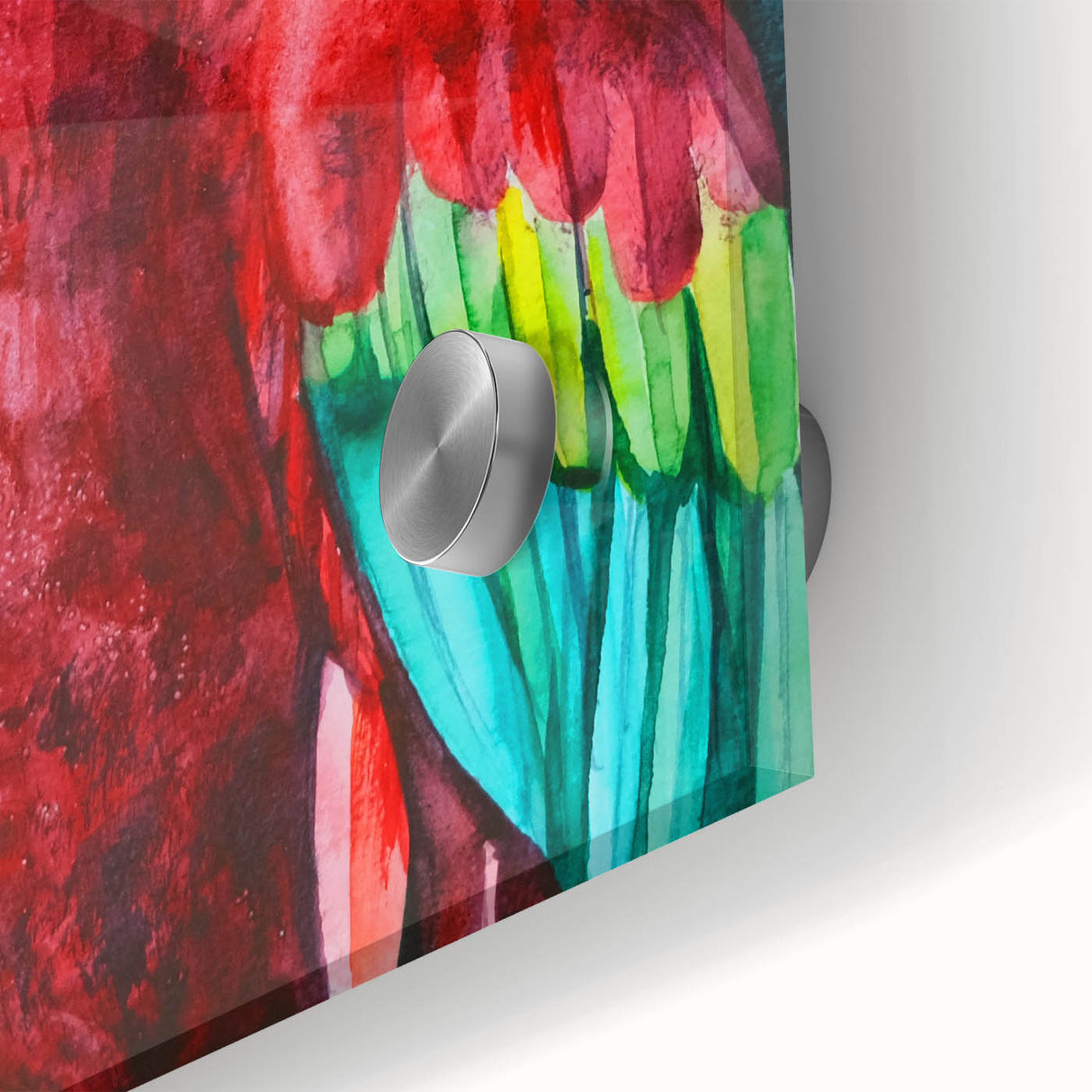 Close-up of a vibrant acrylic glass wall art piece depicting a colorful collection of parrots in lush tropical foliage, perfect for nature-inspired decor. This artwork adds a lively touch to any space, showcasing intricate details and rich colors.