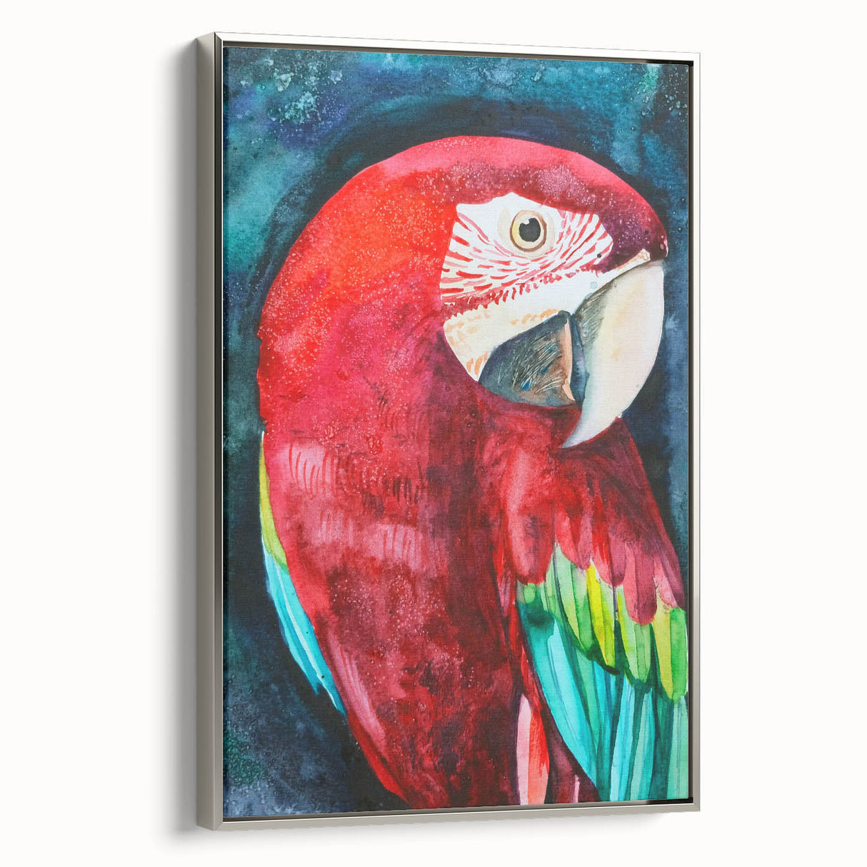 Framed canvas wall art showcasing a vibrant collection of colorful parrots against a sleek silver background, ideal for enhancing modern home decor.