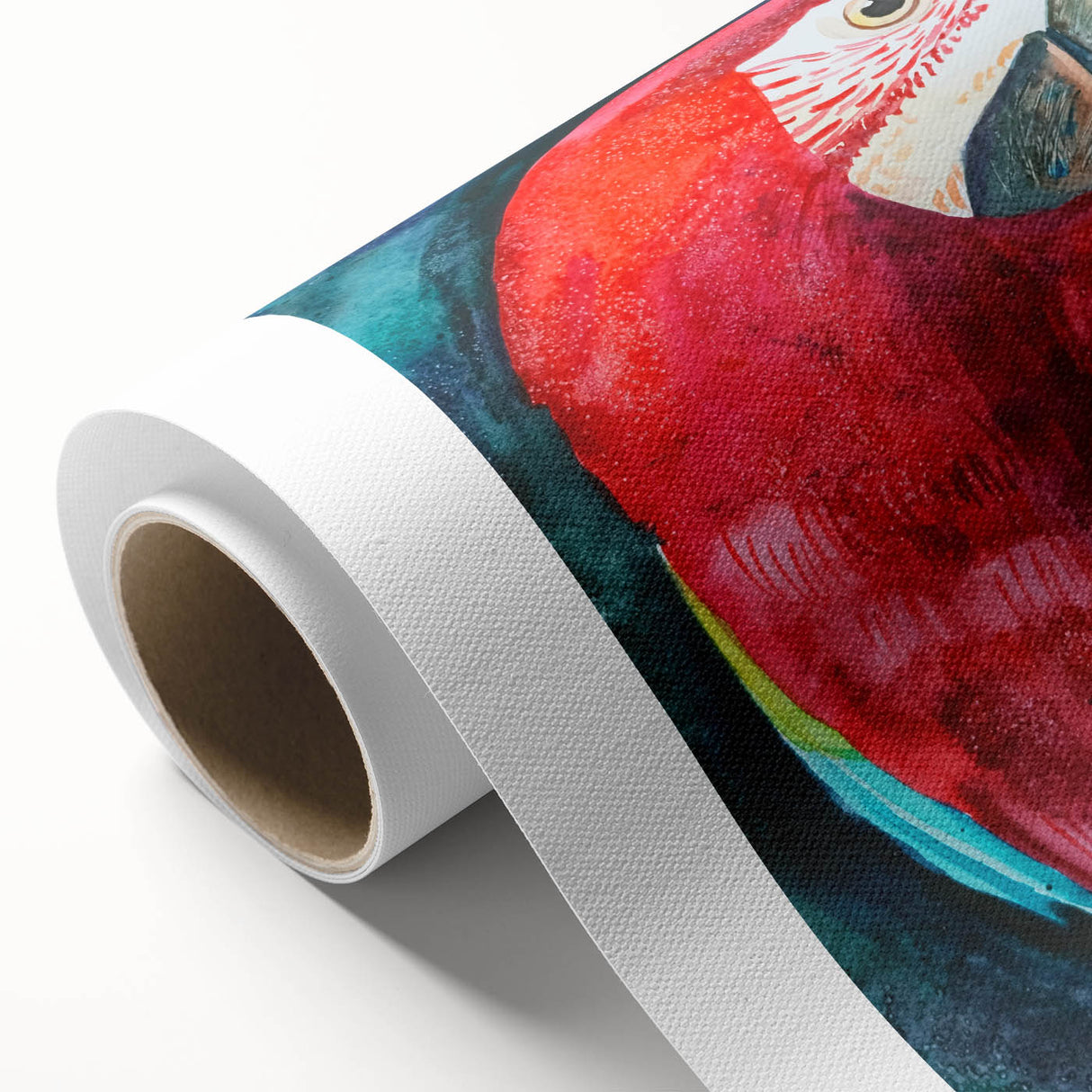 Vibrant rolled canvas artwork showcasing colorful parrot designs, ideal for tropical decor, presented in a protective cardboard tube for safe shipping.