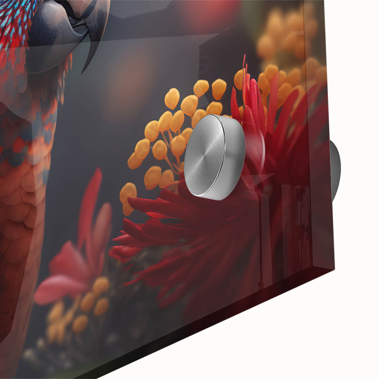 Close-up view of vibrant wall art featuring a detailed design of colorful parrots on acrylic glass, ideal for adding a tropical flair to any decor.
