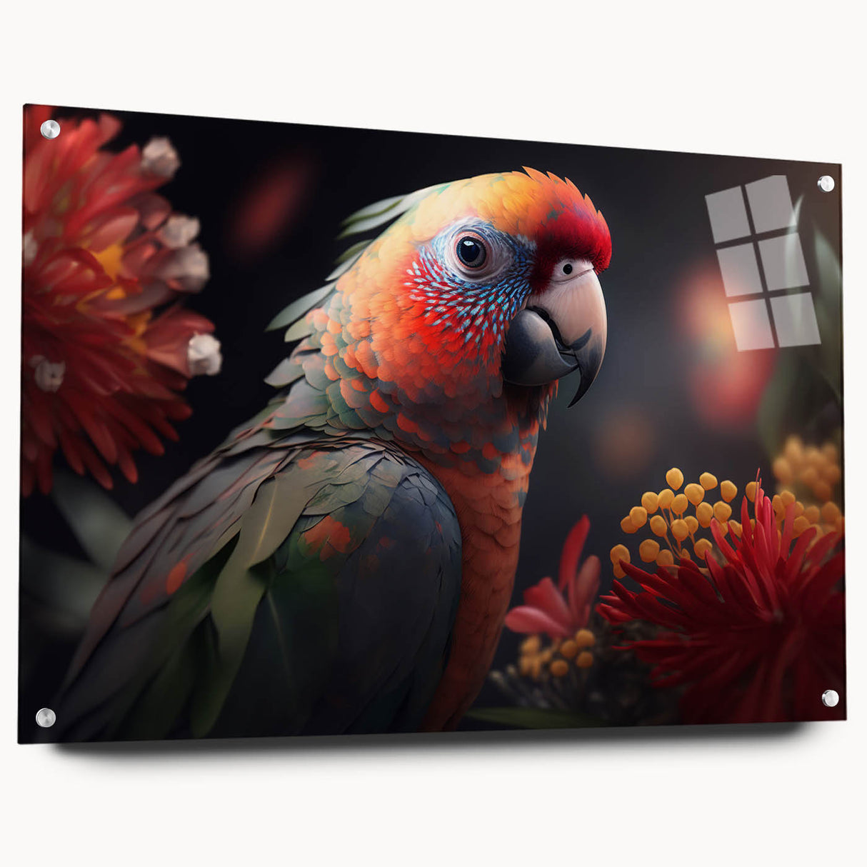 Acrylic wall art design showcasing vibrant parrot illustrations in a colorful display, mounted with pins for a striking side view effect, perfect for bird lovers.