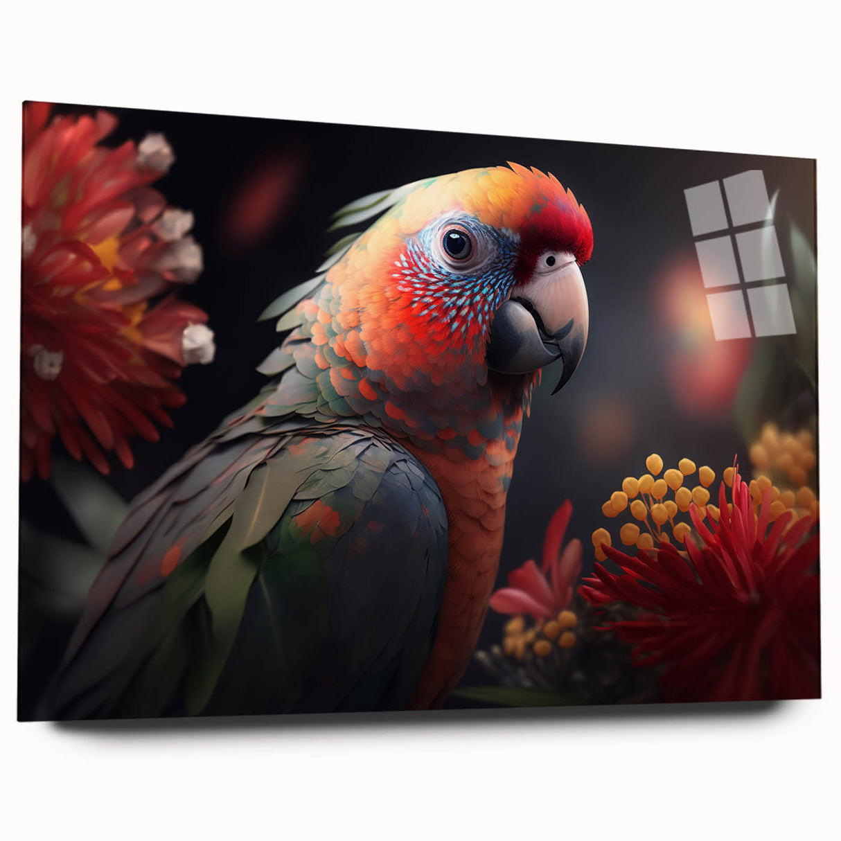 Colorful acrylic glass wall art showcasing a vibrant design of exotic parrots perched on branches, perfect for enhancing modern home decor. This side view highlights the glossy finish and intricate details of the artwork, ideal for bird and nature enthusiasts.