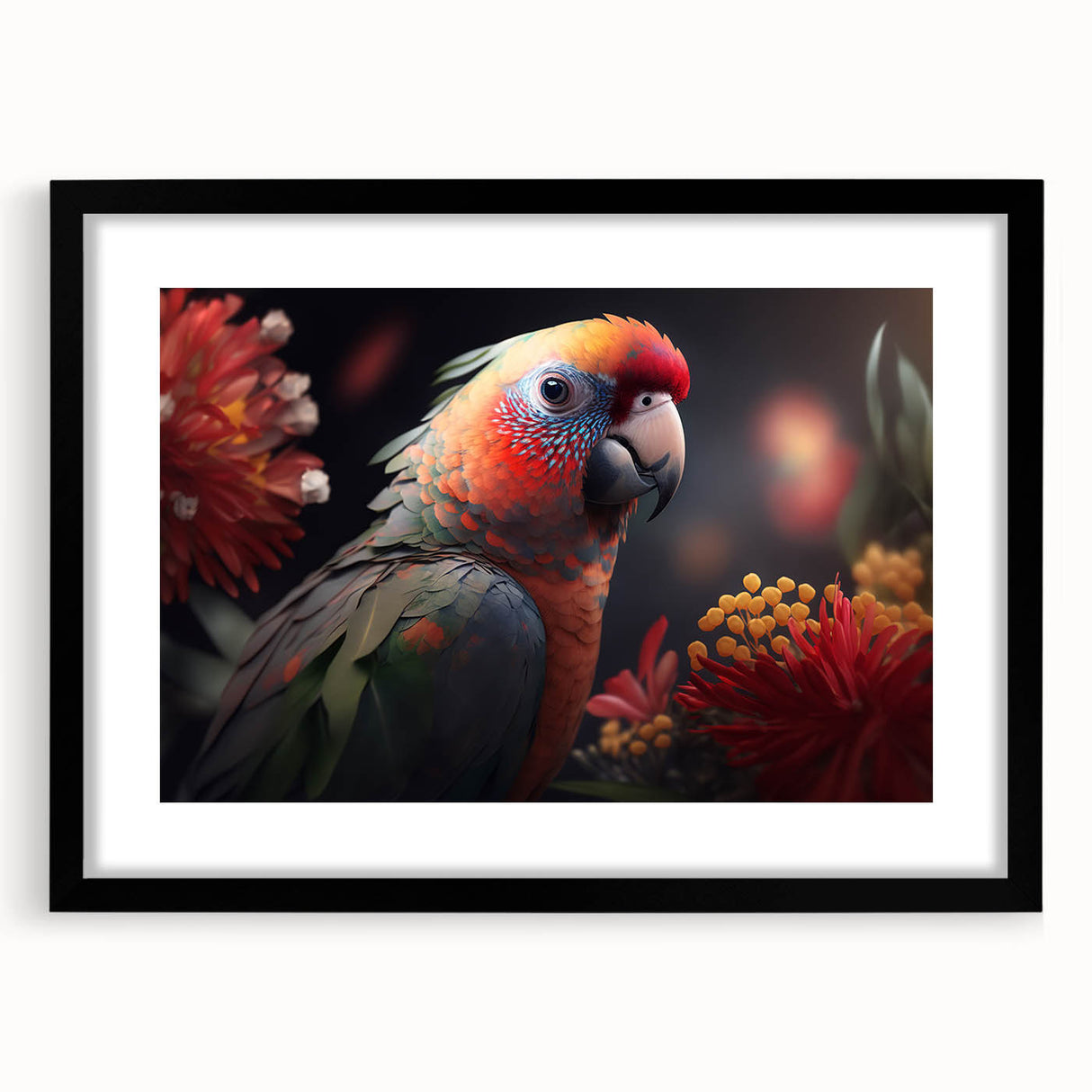 Framed wall art featuring a vibrant design of colorful parrots, set against a black background, perfect for adding a tropical touch to home decor.