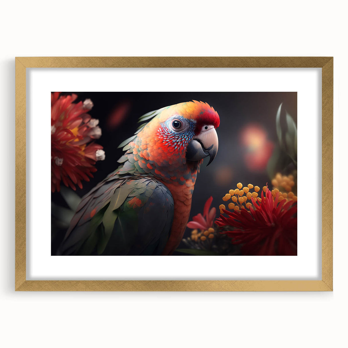 Framed wall art showcasing a vibrant parrot design in a gold frame, featuring a matte finish, perfect for adding a tropical touch to home decor.