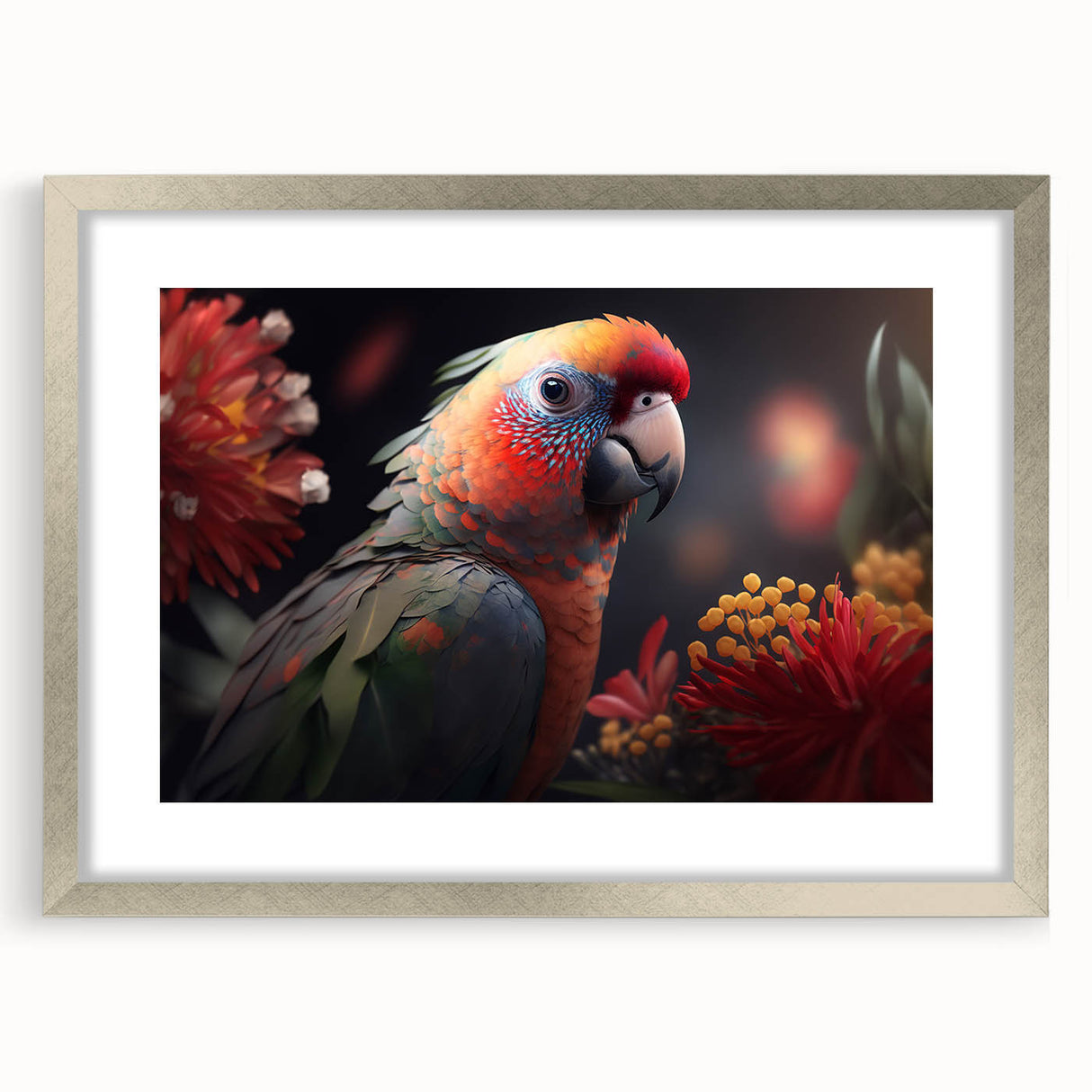 Framed wall art featuring vibrant parrots in a colorful design with a silver mat, ideal for adding a tropical touch to home décor. Perfect for bird lovers.