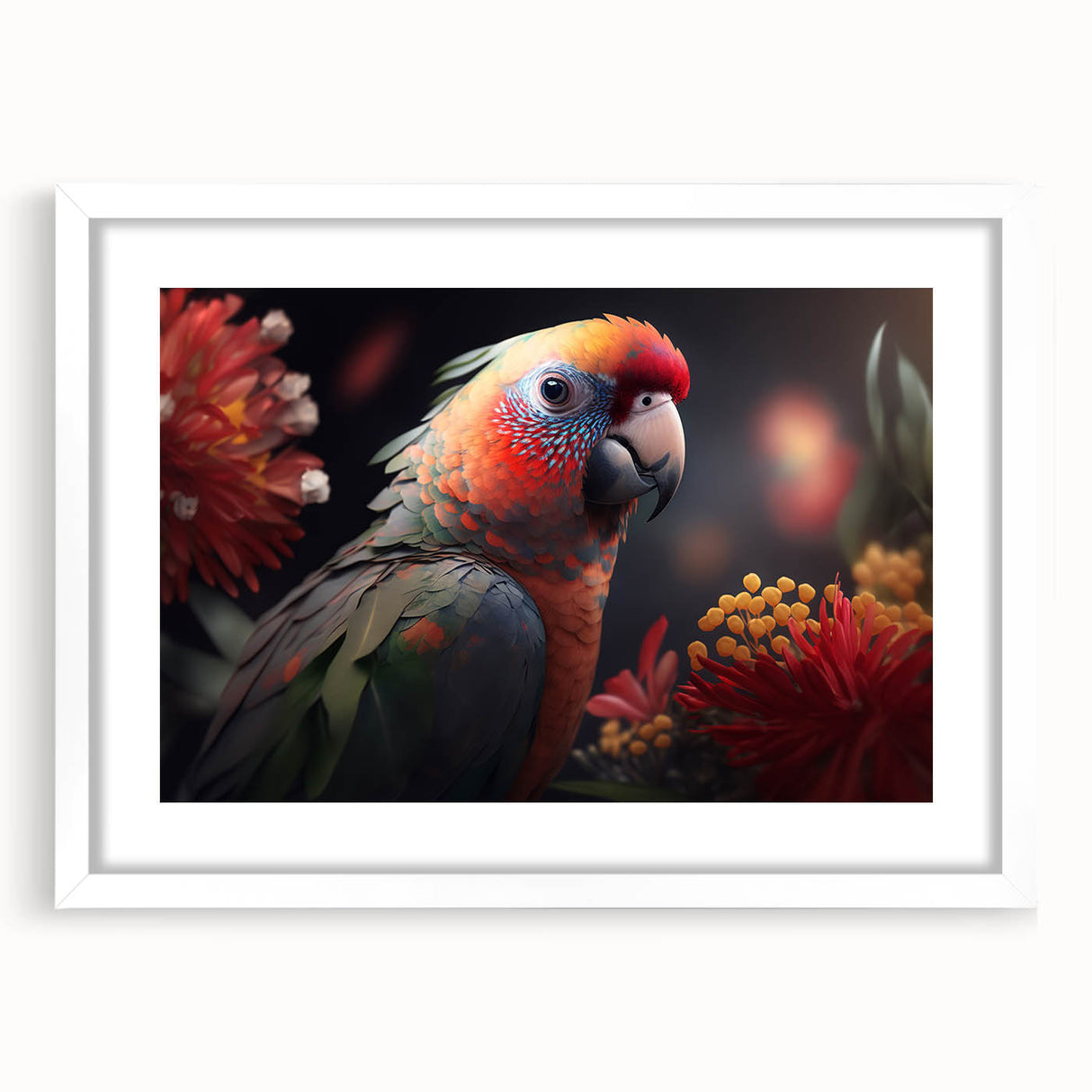 Framed wall art featuring a vibrant parrot design in a white mat, showcasing colorful tropical birds against a clean backdrop, ideal for home decor.