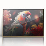 Framed wall art featuring a vibrant collection of colorful parrots on a gold-accented background, ideal for enhancing any interior space with a tropical theme. The design showcases intricate details of each bird, capturing their lively colors and unique features, making it a perfect decorative piece for bird lovers.