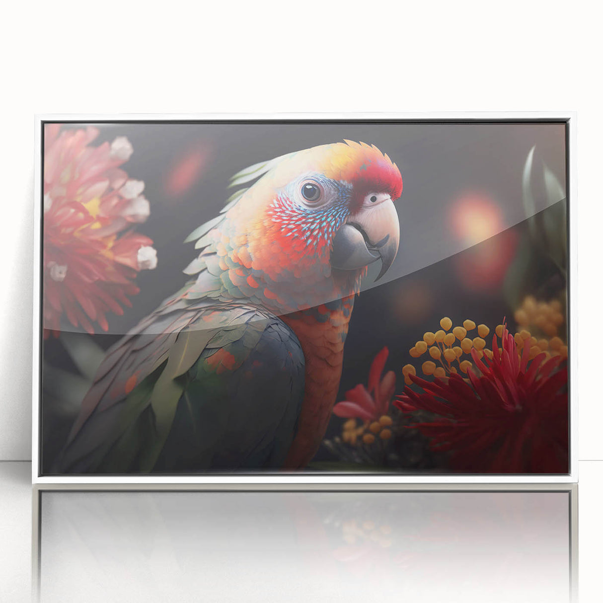 Framed wall art featuring a vibrant design of colorful parrots on a white background, showcasing intricate details and modern aesthetics, perfect for enhancing home decor.