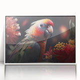 Framed wall art featuring a vibrant design of colorful parrots on a white background, showcasing intricate details and modern aesthetics, perfect for enhancing home decor.