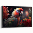 Framed canvas wall art featuring a vibrant parrot design with intricate details, showcasing colorful birds against a black background, perfect for home decor.