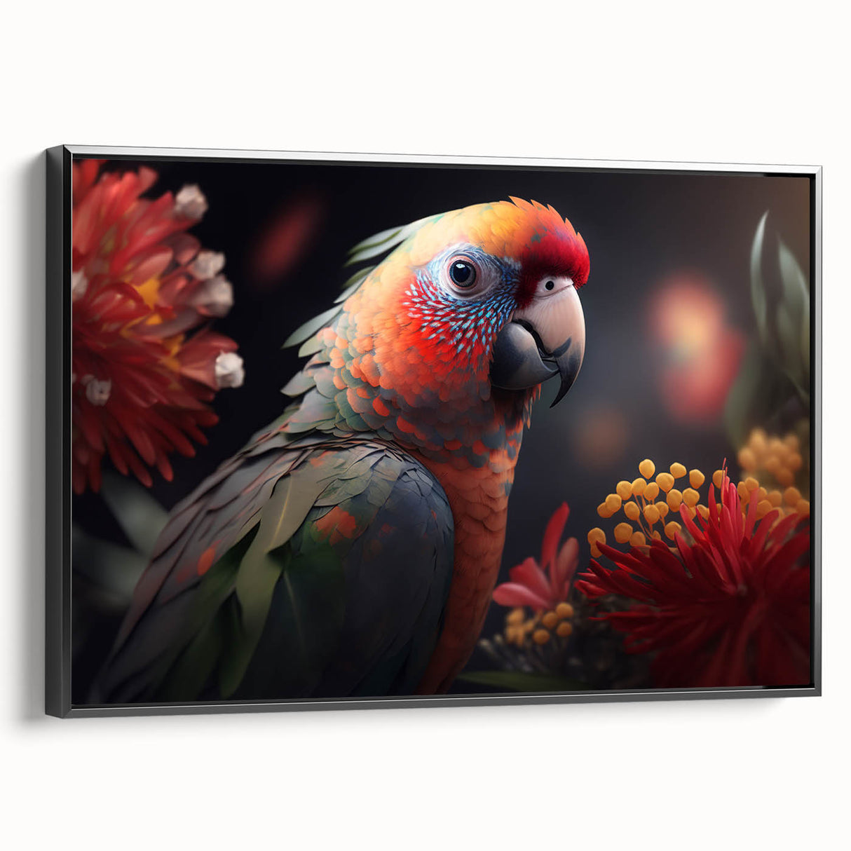 Framed canvas wall art featuring a vibrant parrot design with intricate details, showcasing colorful birds against a black background, perfect for home decor.