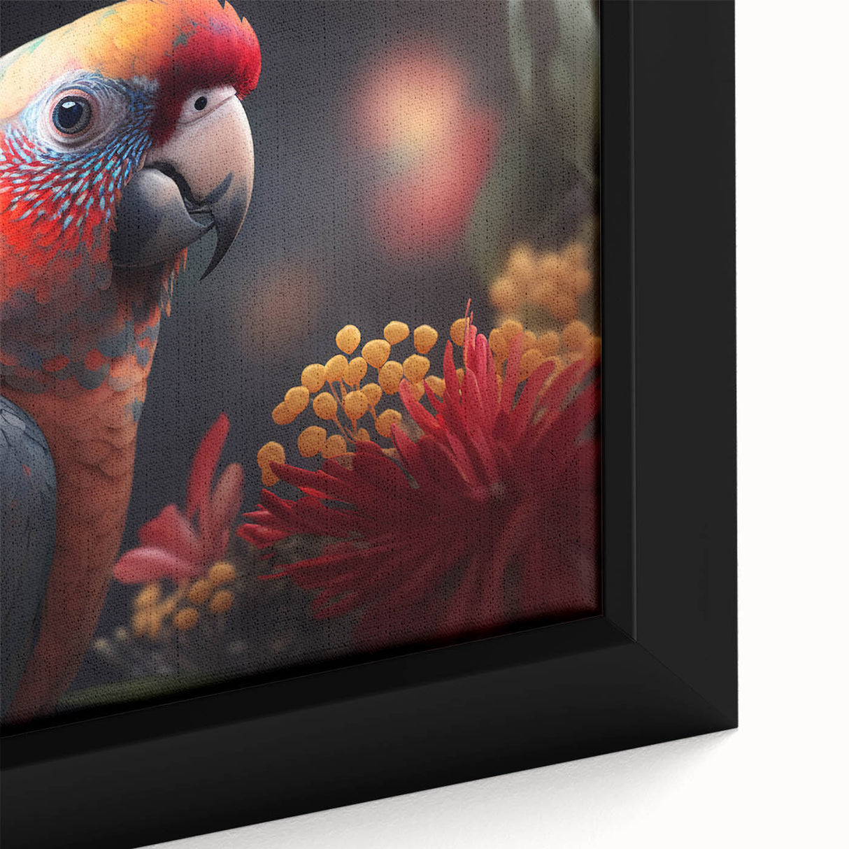 Vibrant close-up of a framed wall art piece showcasing colorful parrots amidst lush foliage, perfect for adding a lively touch to home decor.