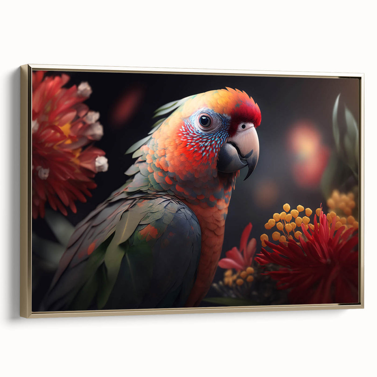 Framed wall art featuring a vibrant parrot design on a textured canvas, elegantly set in a gold frame, ideal for adding a tropical flair to any room décor.