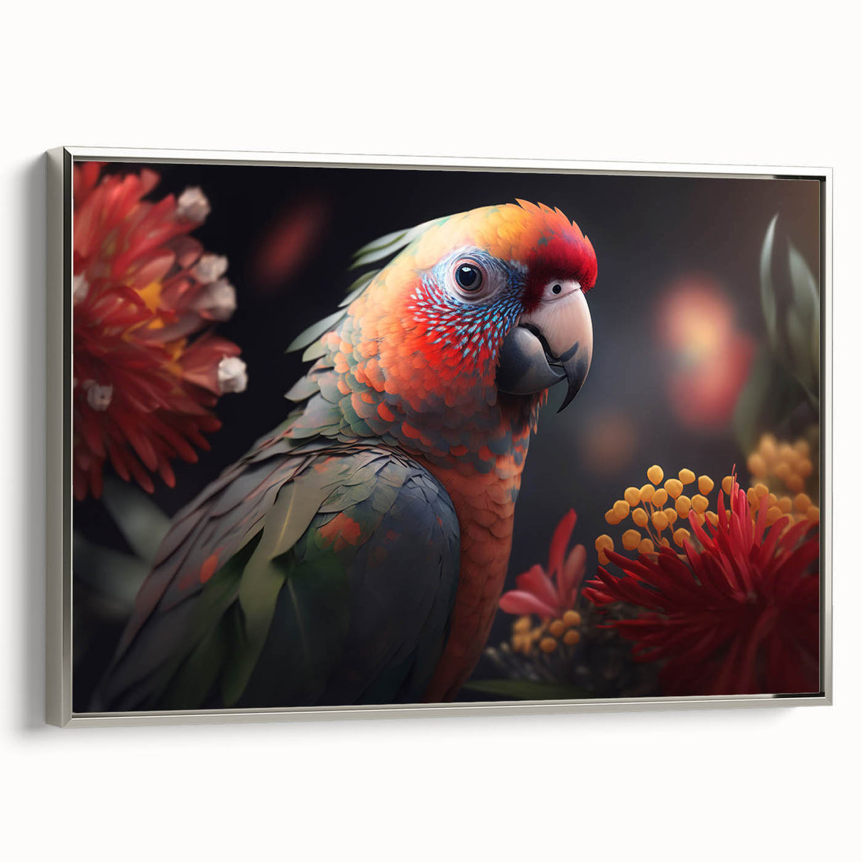 Framed wall art featuring a vibrant design of colorful parrots on canvas, showcased in a sleek silver frame, ideal for enhancing modern decor.