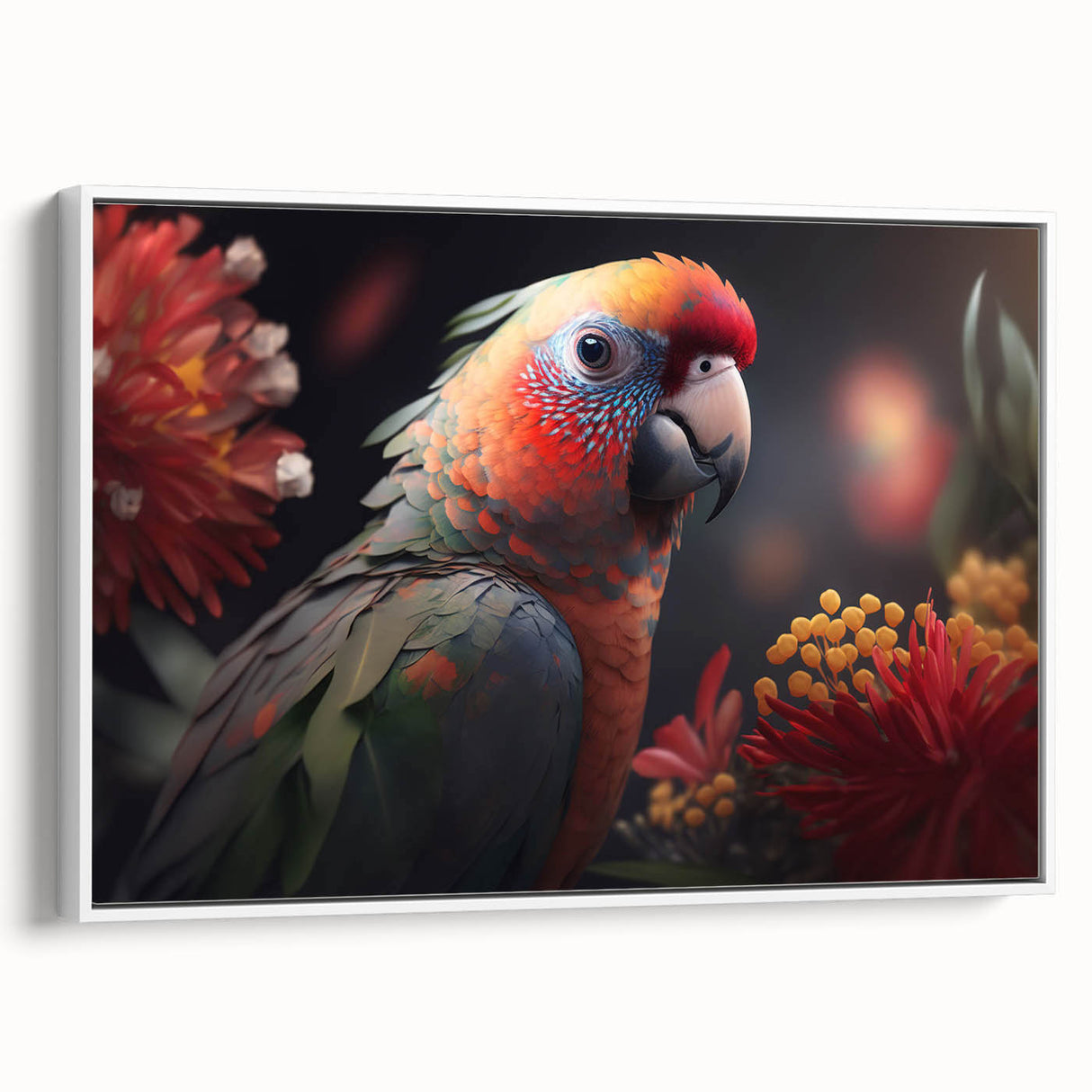 Framed canvas wall art featuring vibrant parrot illustrations in a modern design, showcased from a white side view, ideal for tropical-themed decor.