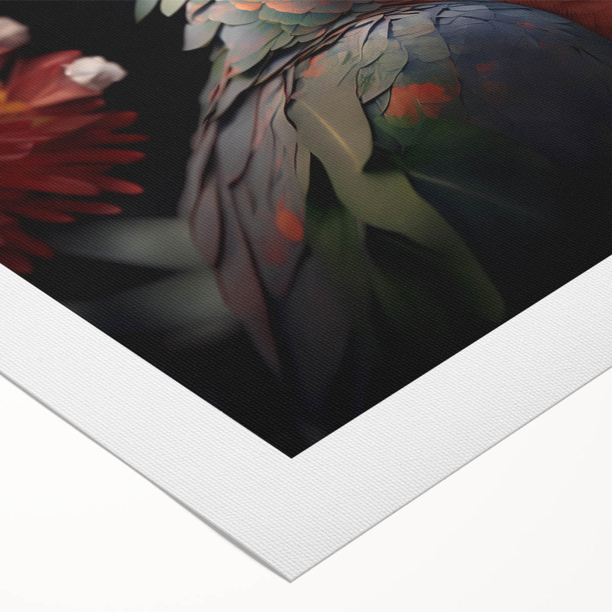 Colorful rolled canvas print showcasing a vibrant parrot design against a lush tropical background, perfect for adding a lively touch to home decor.